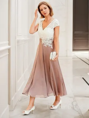A-Line V-neck Tea-Length Chiffon Mother of the Bride Dresses With Lace Applique