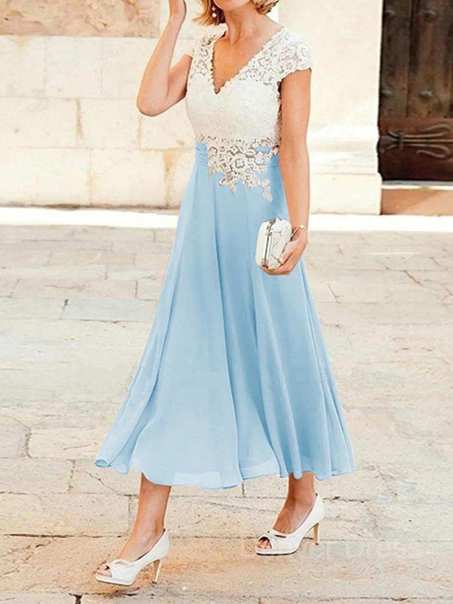 A-Line V-neck Tea-Length Chiffon Mother of the Bride Dresses With Lace Applique