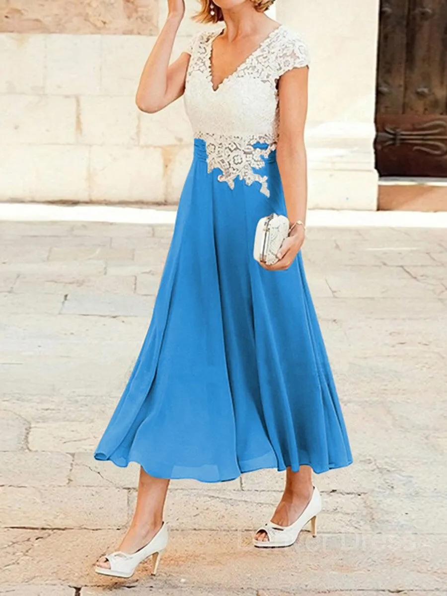 A-Line V-neck Tea-Length Chiffon Mother of the Bride Dresses With Lace Applique