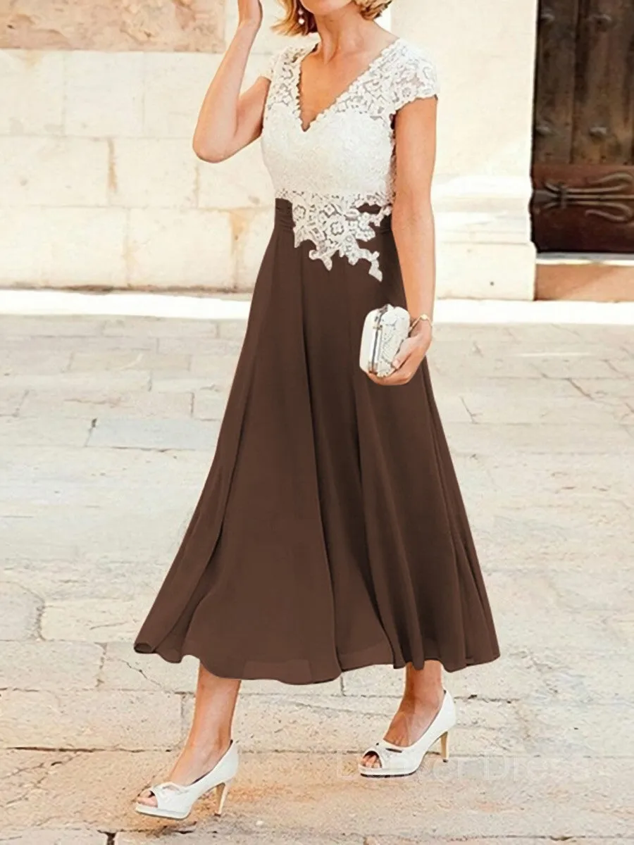 A-Line V-neck Tea-Length Chiffon Mother of the Bride Dresses With Lace Applique