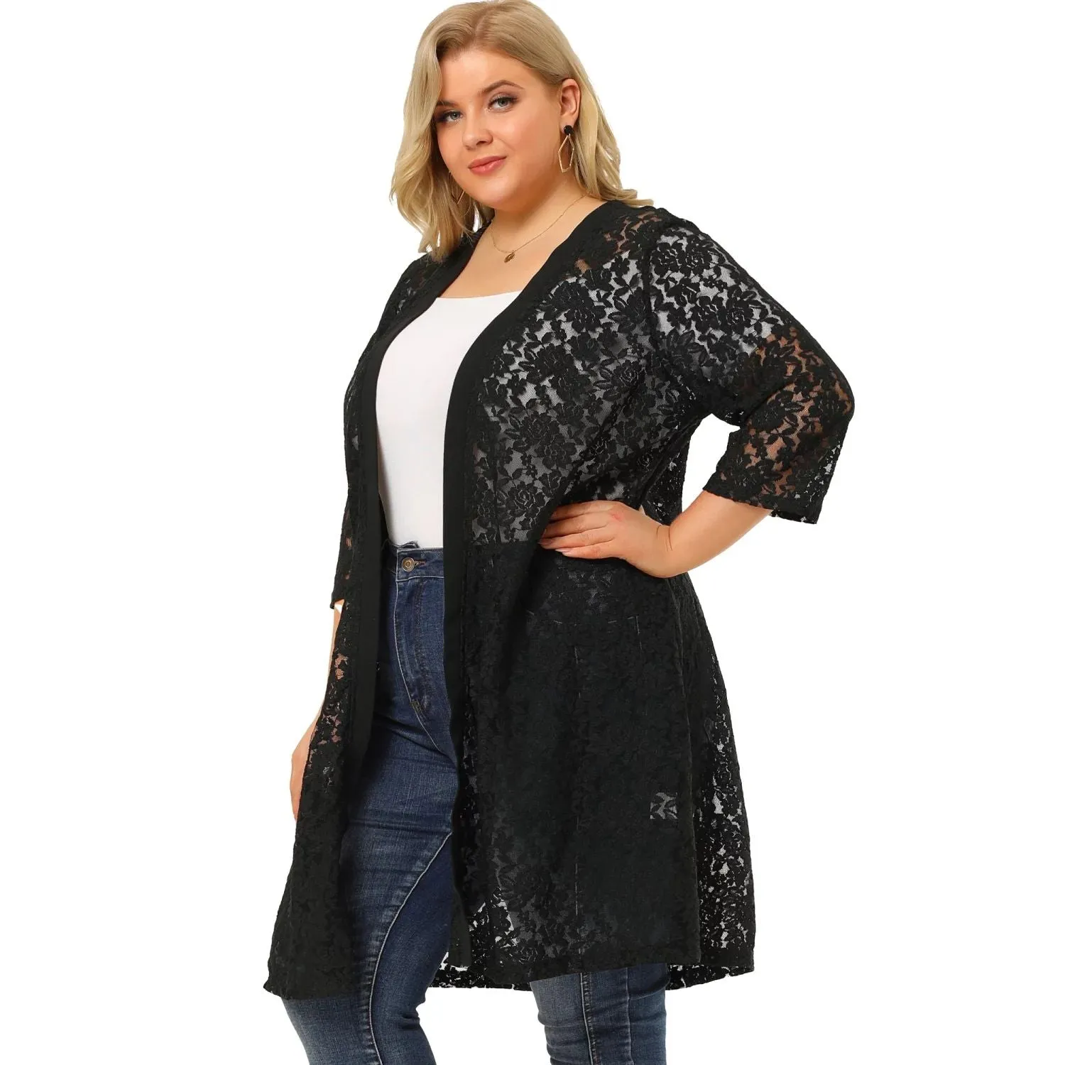 Agnes Orinda Women's Autumn Plus Size Midi Cardigan with Open Front and Lace Neck ,  beige