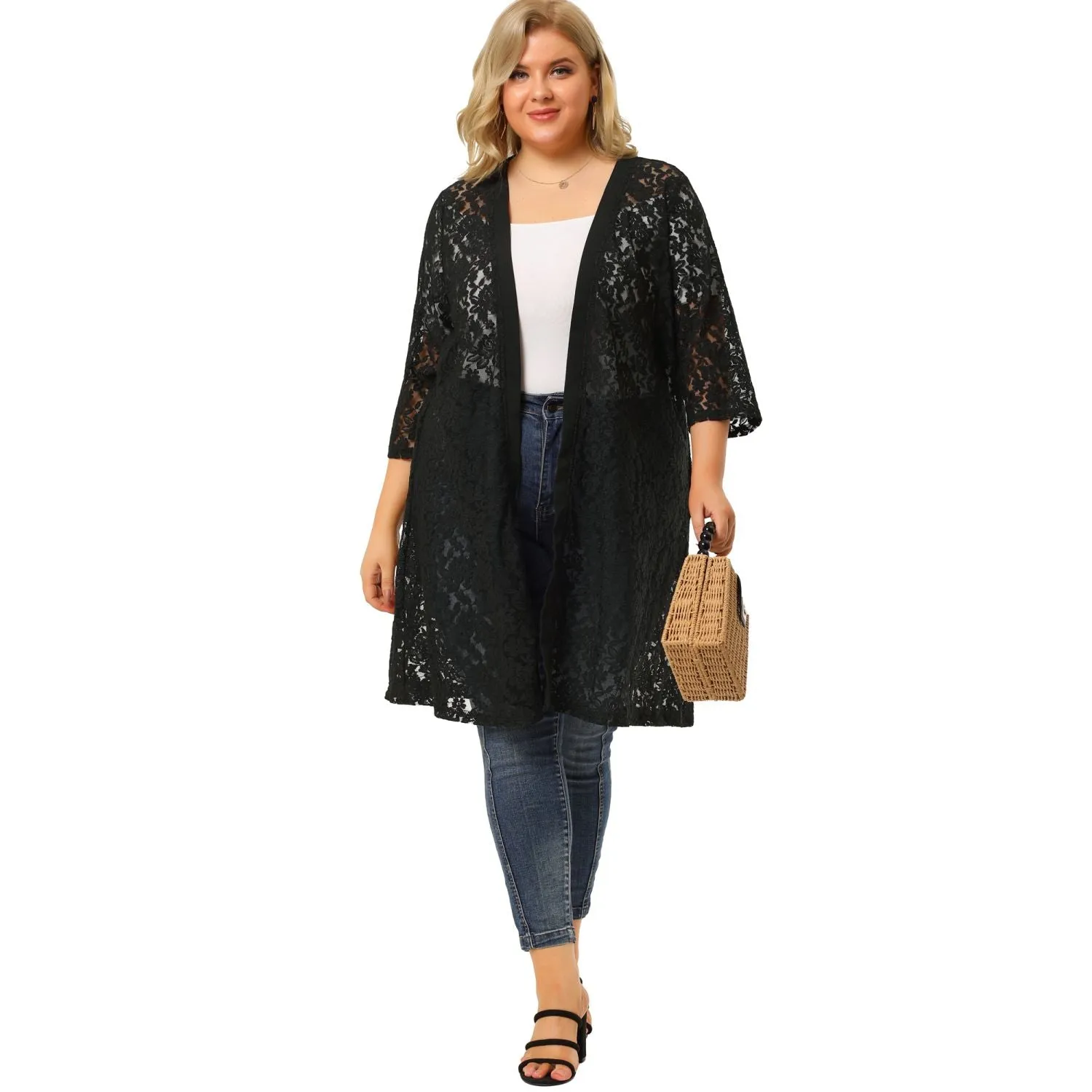 Agnes Orinda Women's Autumn Plus Size Midi Cardigan with Open Front and Lace Neck ,  beige