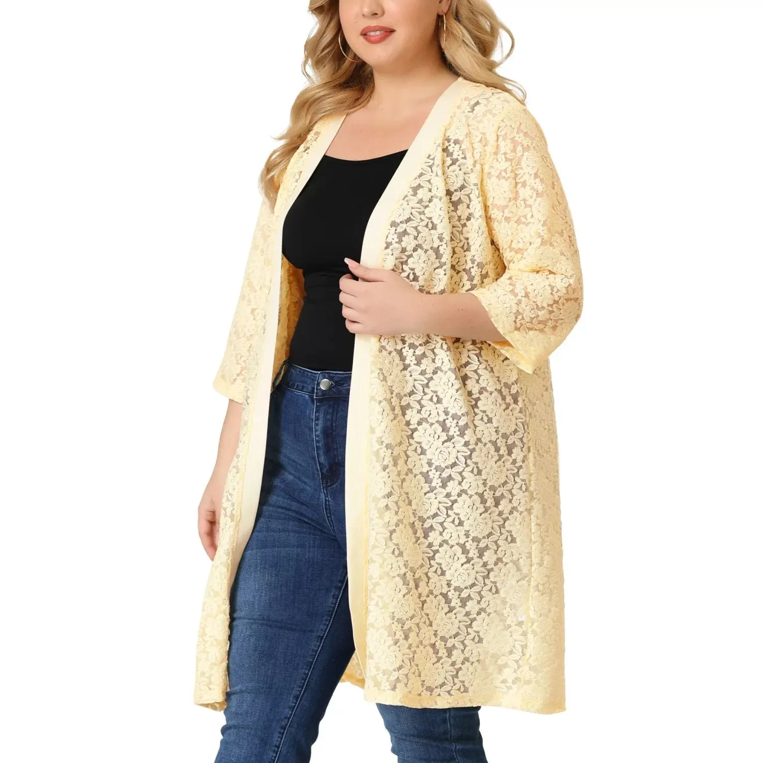 Agnes Orinda Women's Autumn Plus Size Midi Cardigan with Open Front and Lace Neck ,  beige