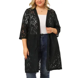 Agnes Orinda Women's Autumn Plus Size Midi Cardigan with Open Front and Lace Neck ,  white