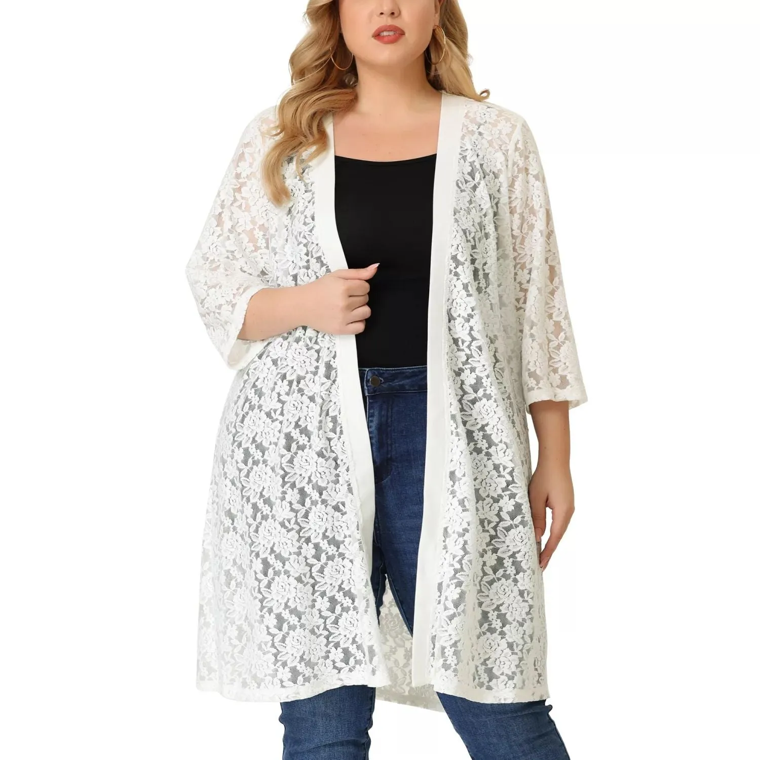 Agnes Orinda Women's Autumn Plus Size Midi Cardigan with Open Front and Lace Neck ,  white