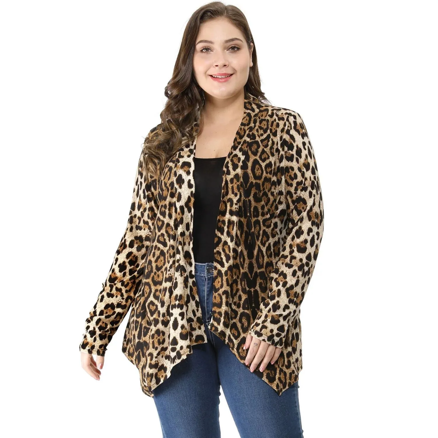 Agnes Orinda Women's Plus Size Leopard Print Cardigan with Asymmetrical Hem and Open Front ,  beige