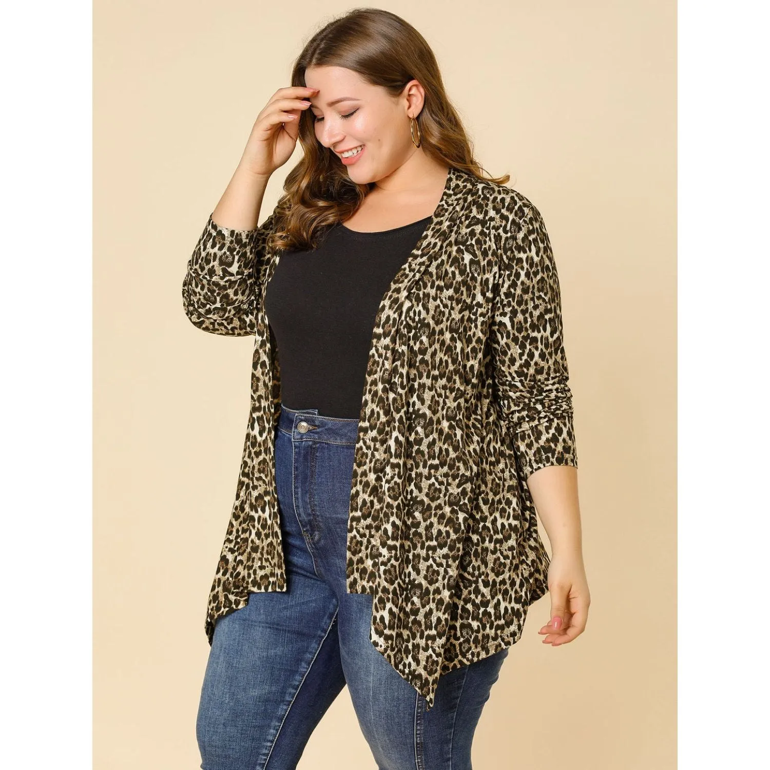 Agnes Orinda Women's Plus Size Leopard Print Cardigan with Asymmetrical Hem and Open Front ,  beige