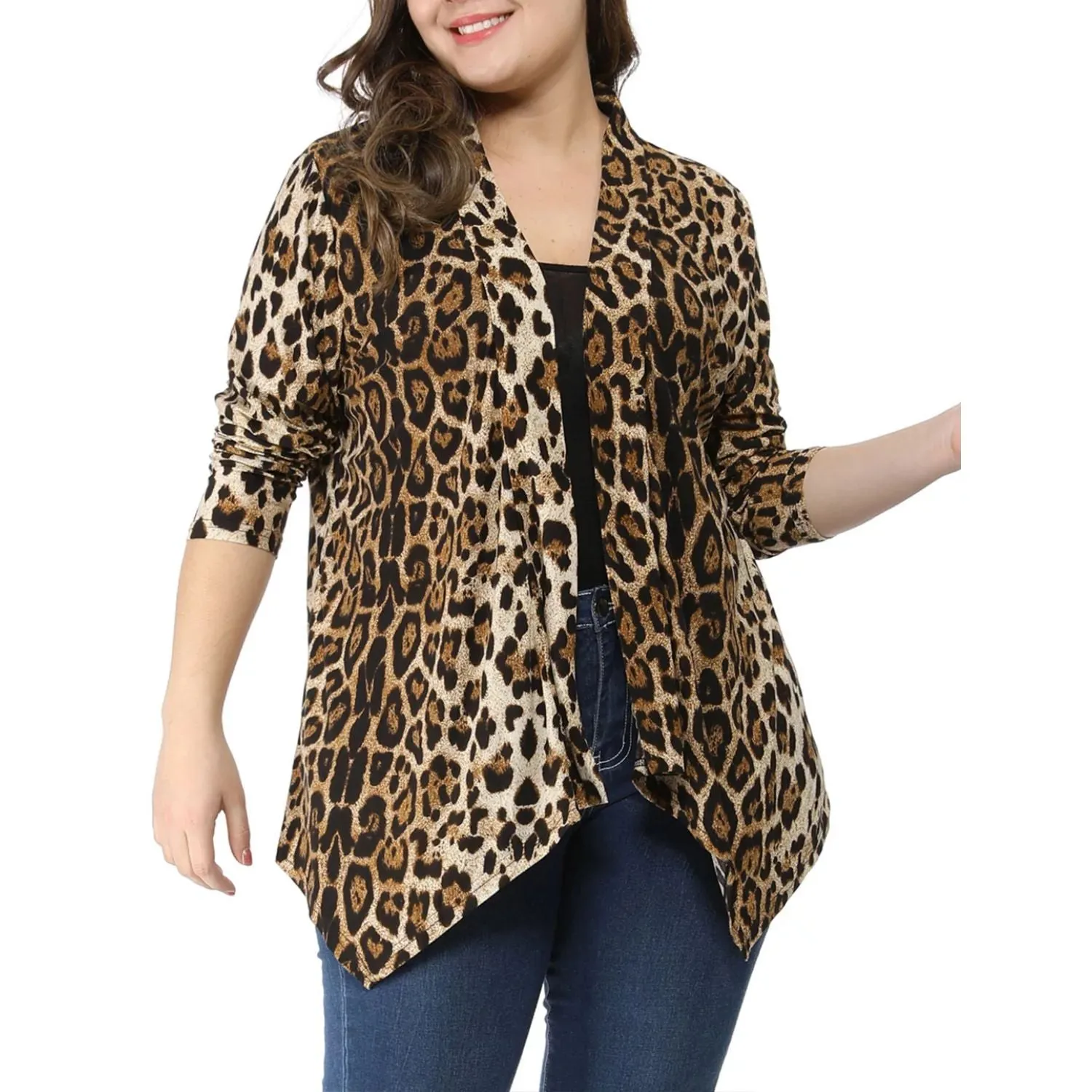 Agnes Orinda Women's Plus Size Leopard Print Cardigan with Asymmetrical Hem and Open Front ,  beige