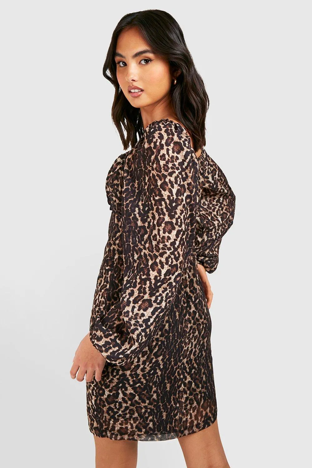 Boohoo Leopard Chiffon Dress with Dusty Sleeves, Brown