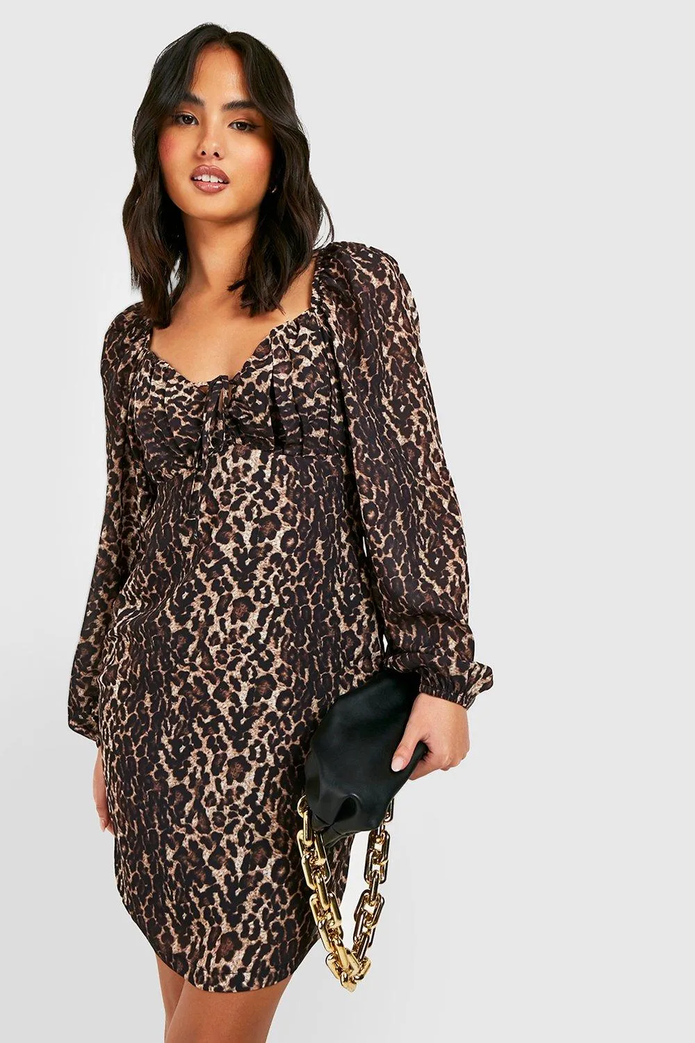 Boohoo Leopard Chiffon Dress with Dusty Sleeves, Brown