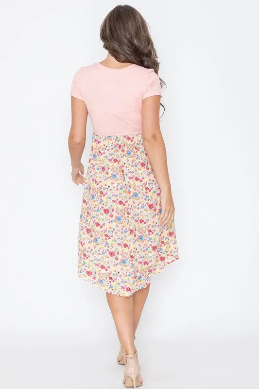 Cap Sleeve Contrast Floral Midi Dress With Pockets