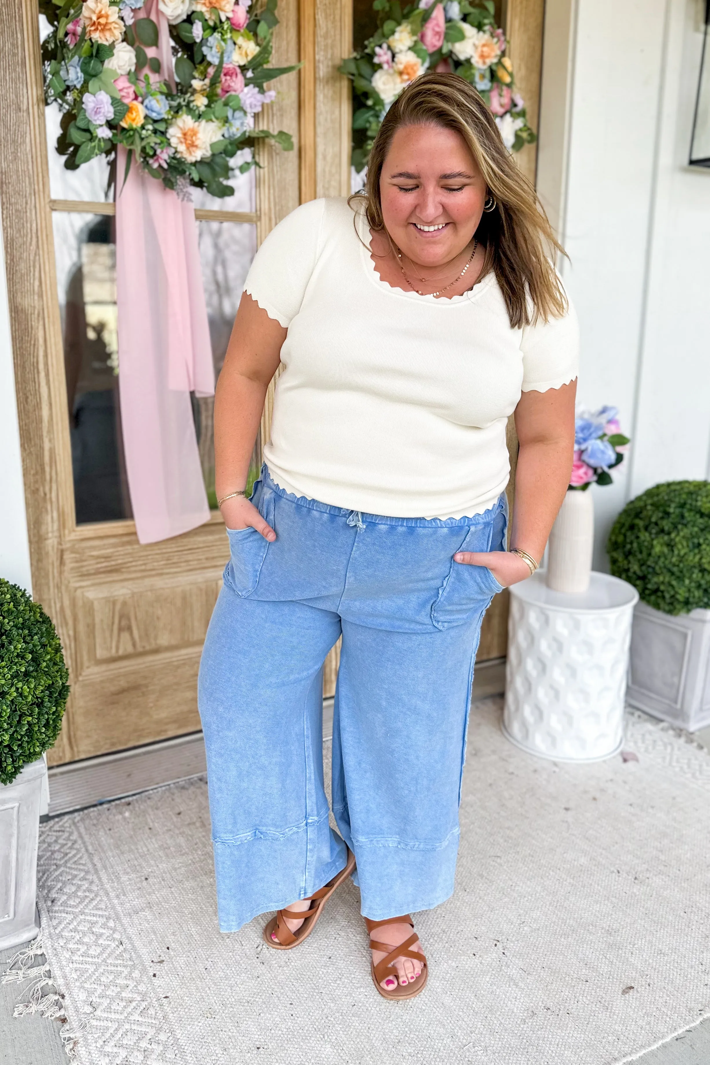 Caris Mineral Washed Upside Down Terry Knit Wide Leg Palazzo Pants [S~3X]