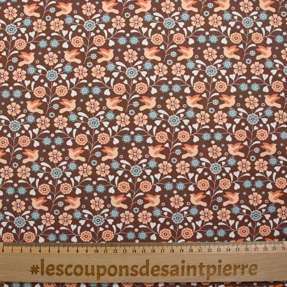 Coton imprimé fleurs Caroline fond marron