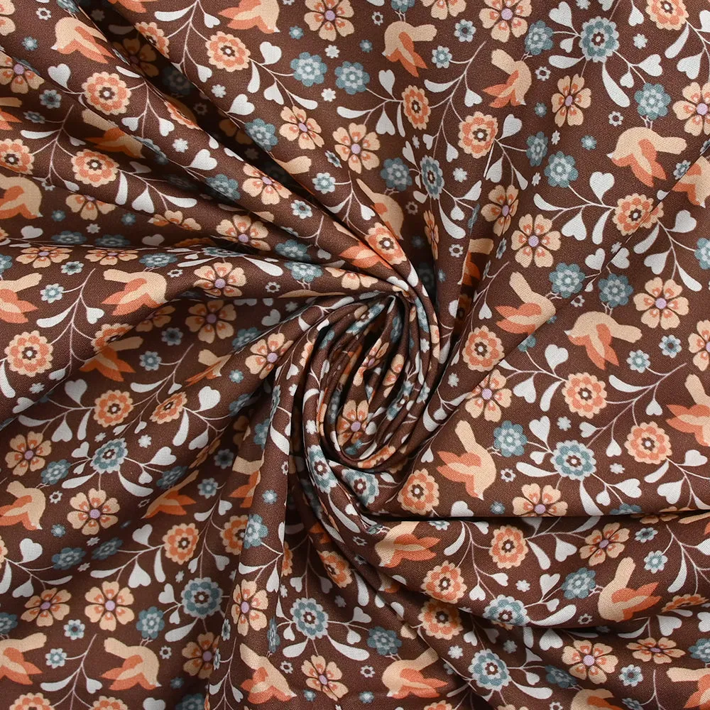 Coton imprimé fleurs Caroline fond marron
