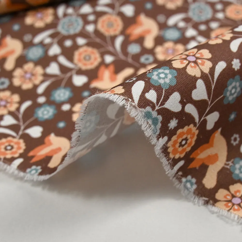Coton imprimé fleurs Caroline fond marron