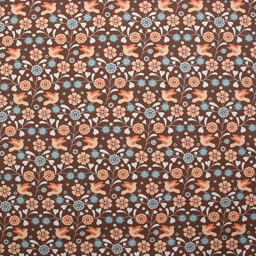 Coton imprimé fleurs Caroline fond marron
