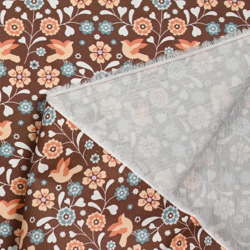 Coton imprimé fleurs Caroline fond marron