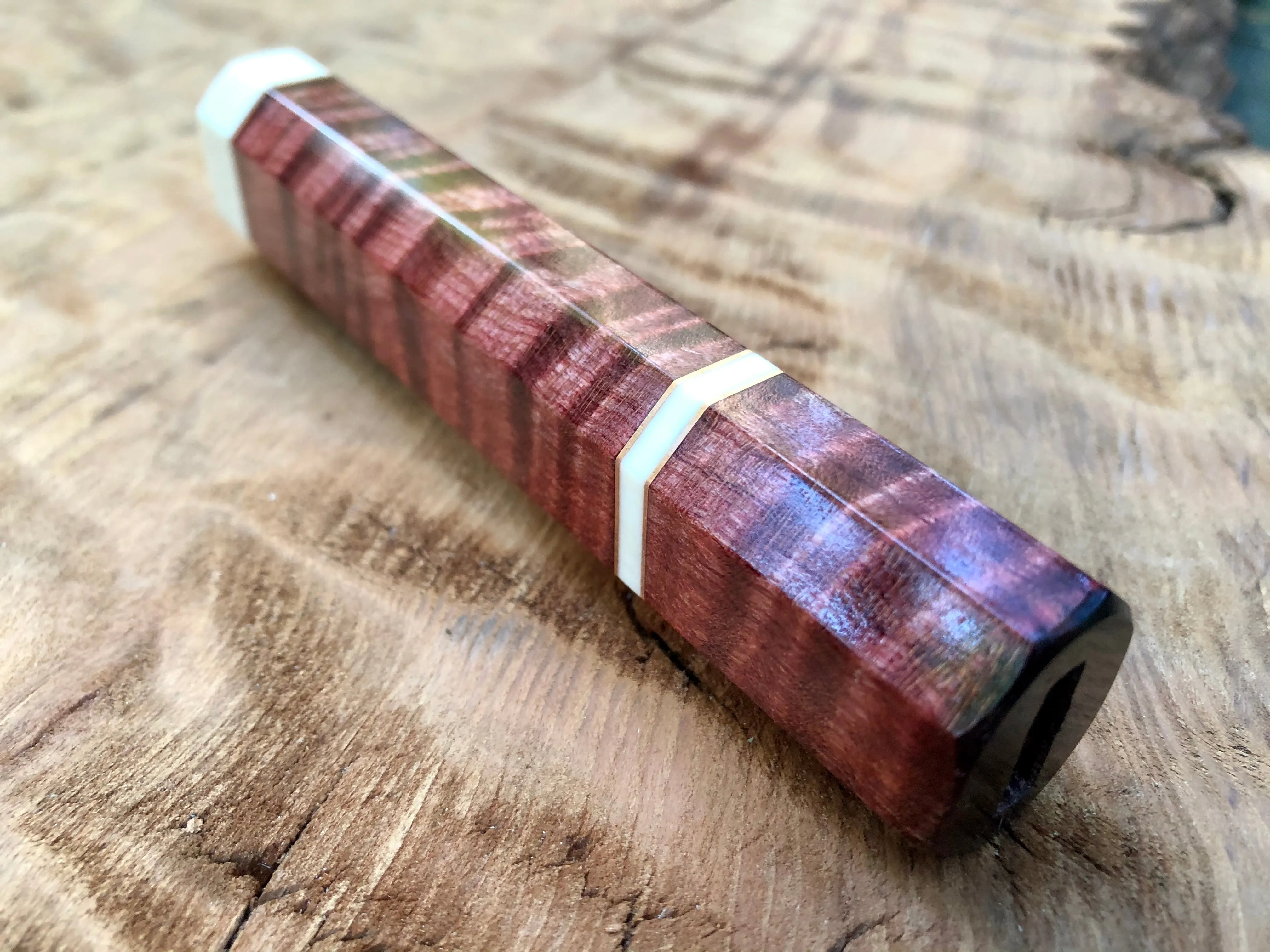 Custom Japanese Knife Handle (Wa Handle) - Dyed Quilted Maple with Faux Ivory