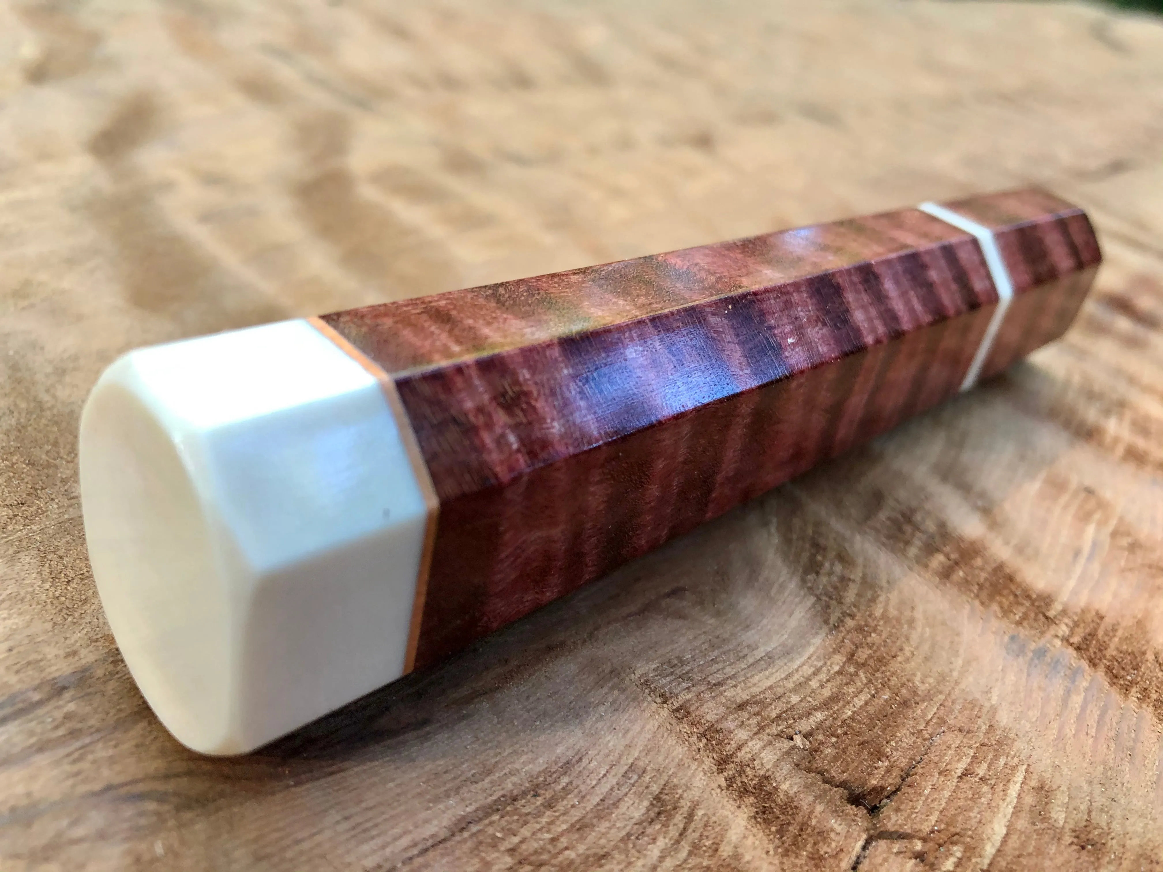 Custom Japanese Knife Handle (Wa Handle) - Dyed Quilted Maple with Faux Ivory
