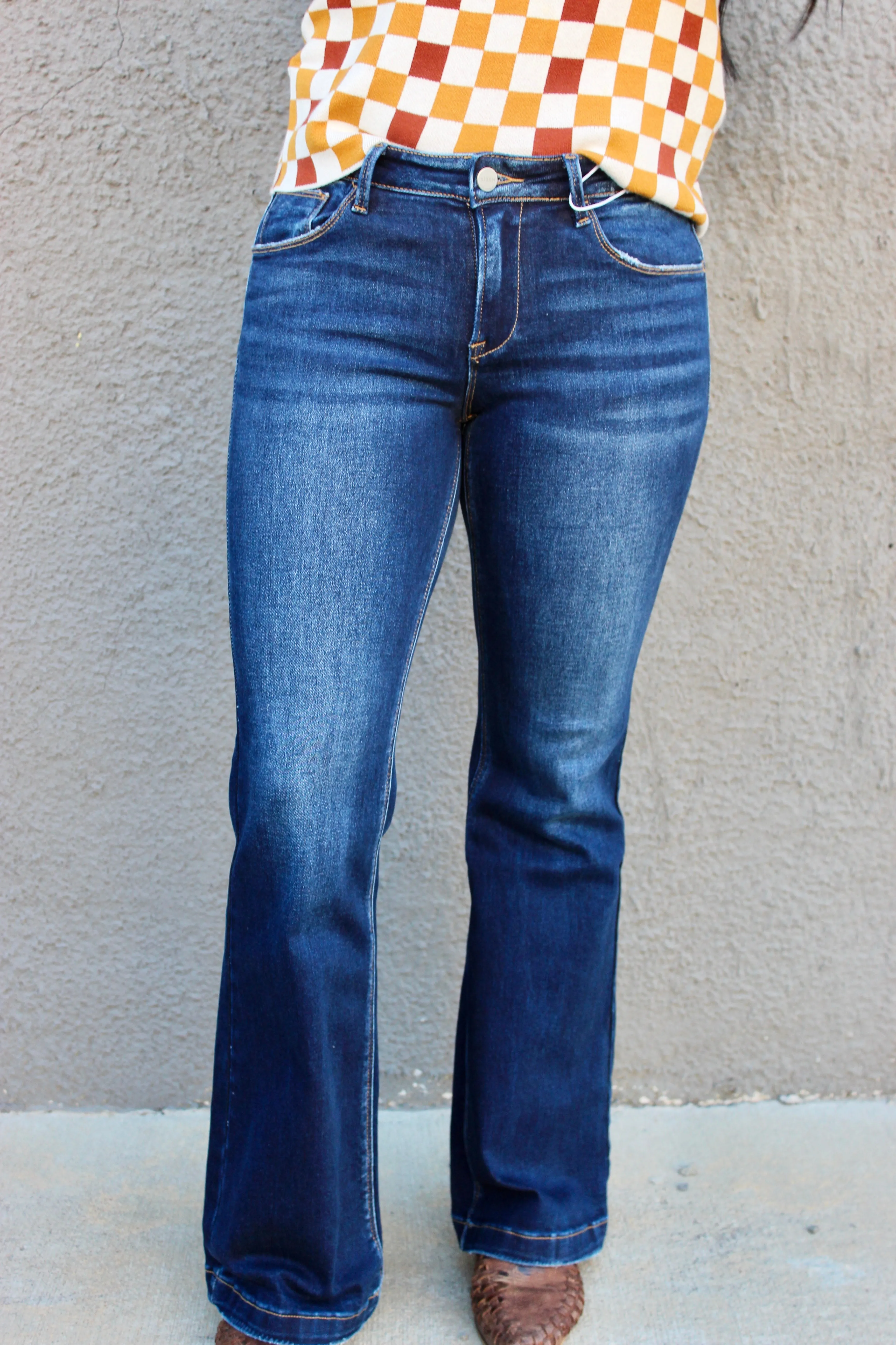 Dalton Mid Rise Dark Flare Jeans