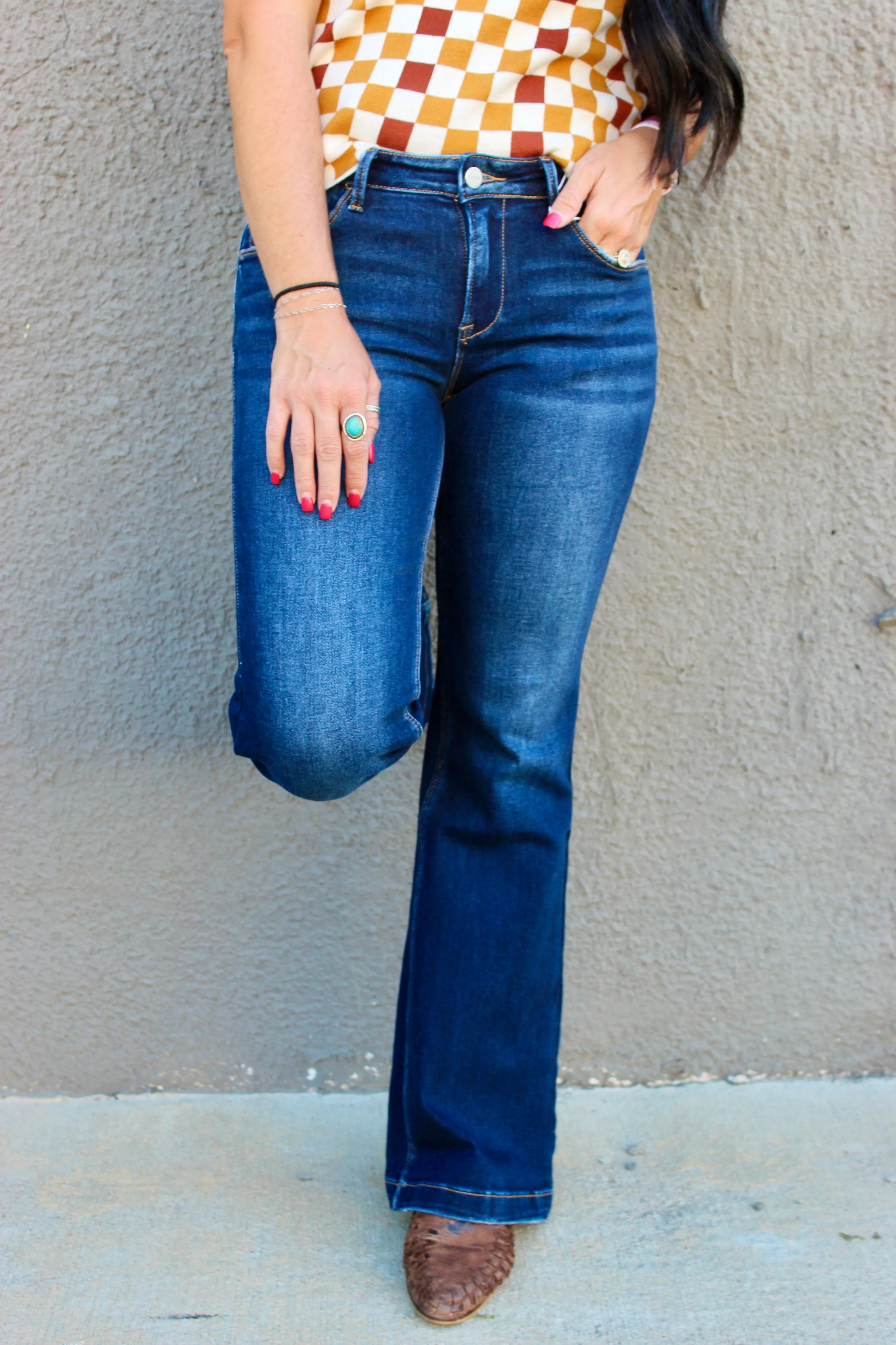Dalton Mid Rise Dark Flare Jeans