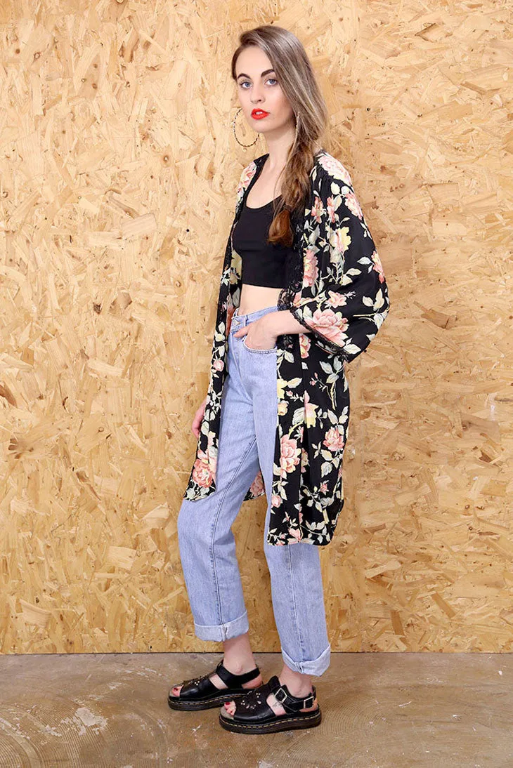 Dark Rose Daydream Lace Trim Kimono