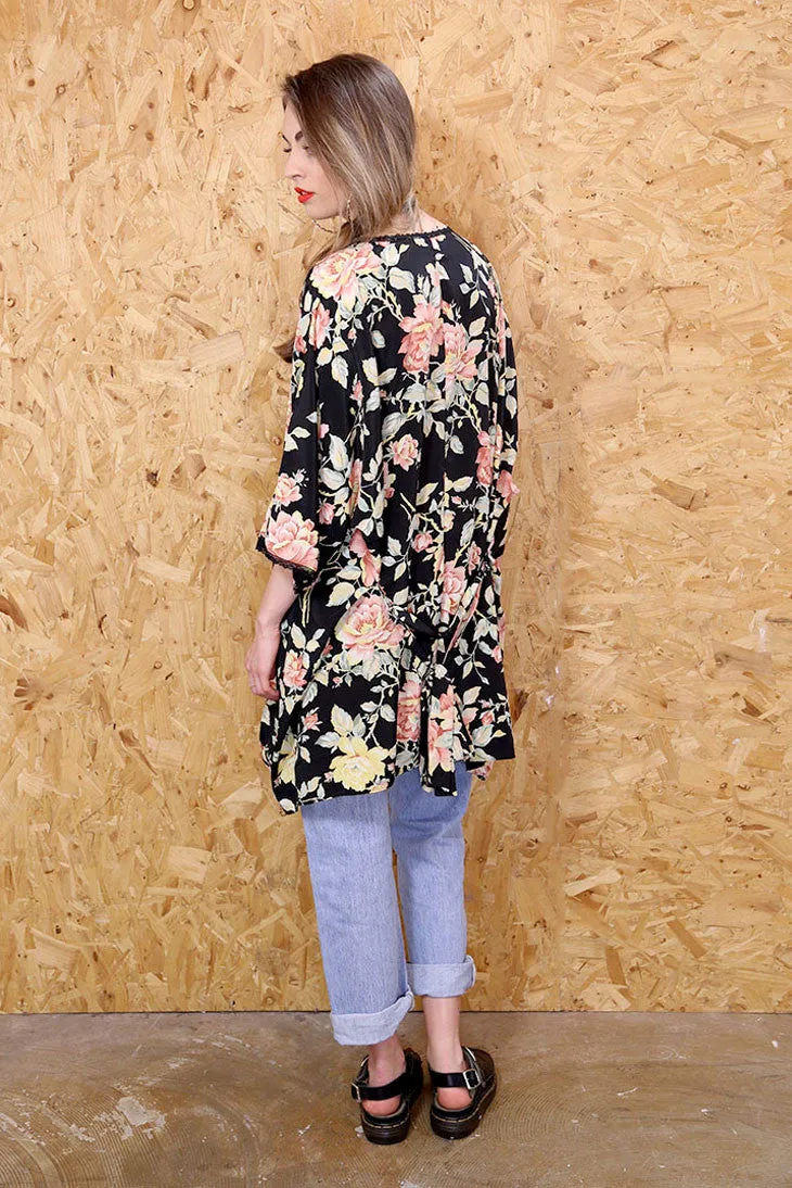 Dark Rose Daydream Lace Trim Kimono