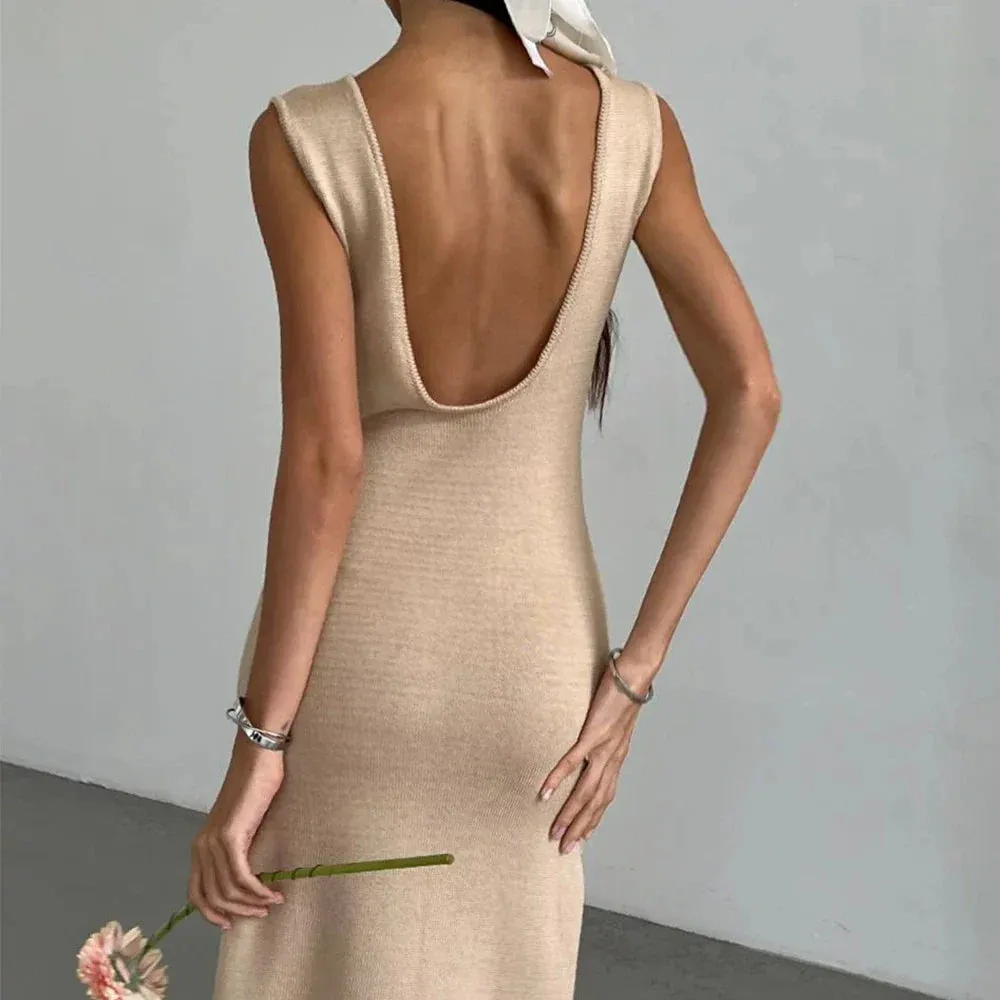 Elegant Backless Sleeveless V-Neck Maxi Dress with Knit Hollow Out