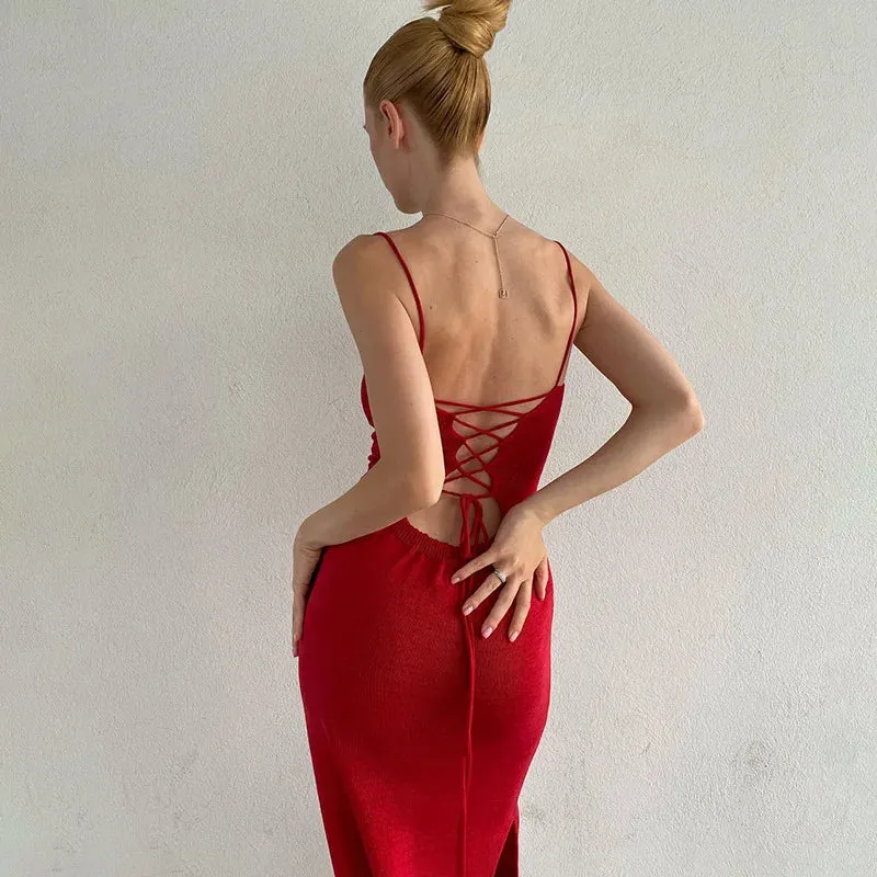 Elegant Bandage Backless Knit Maxi Dress