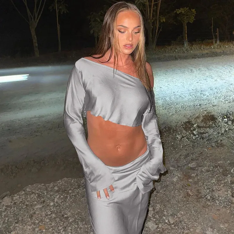 Elegant Off Shoulder Long Sleeve Top and Skirt 2 Piece Set - Asymmetric Silky Co-Ords Matching Sets Midi Dress