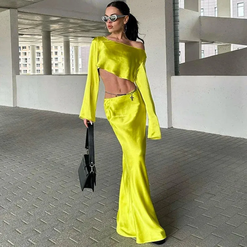 Elegant Off Shoulder Long Sleeve Top and Skirt 2 Piece Set - Asymmetric Silky Co-Ords Matching Sets Midi Dress