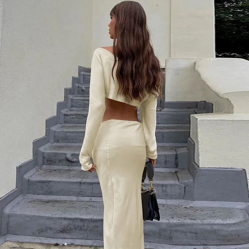 Elegant Off Shoulder Long Sleeve Top and Skirt 2 Piece Set - Asymmetric Silky Co-Ords Matching Sets Midi Dress
