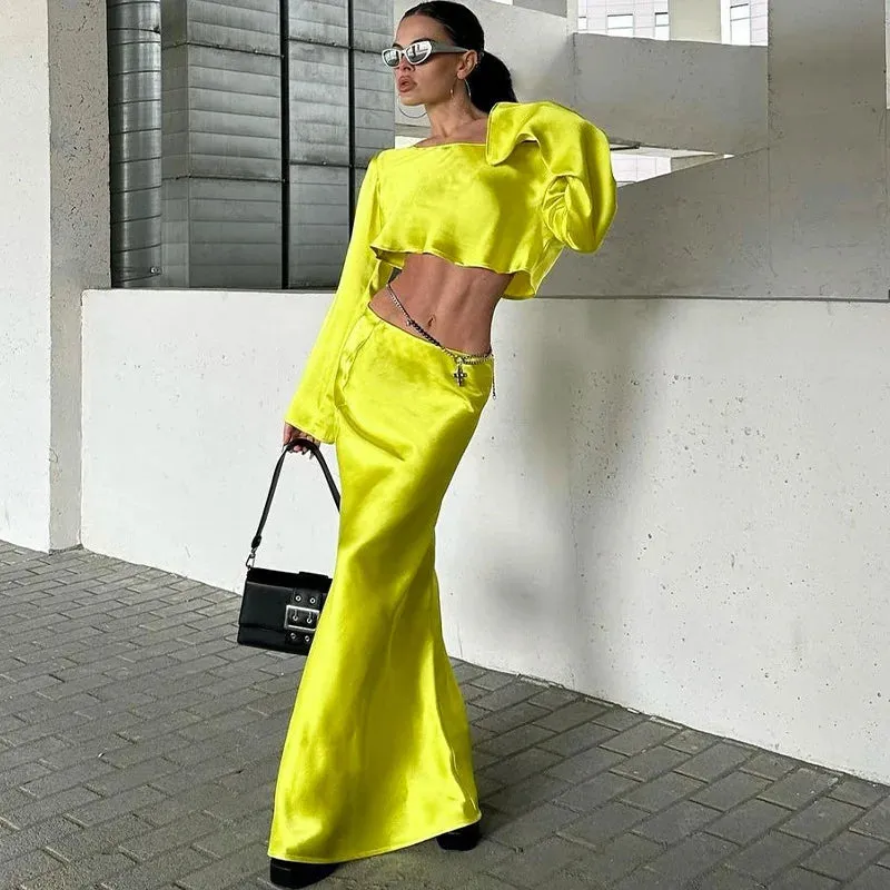 Elegant Off Shoulder Long Sleeve Top and Skirt 2 Piece Set - Asymmetric Silky Co-Ords Matching Sets Midi Dress