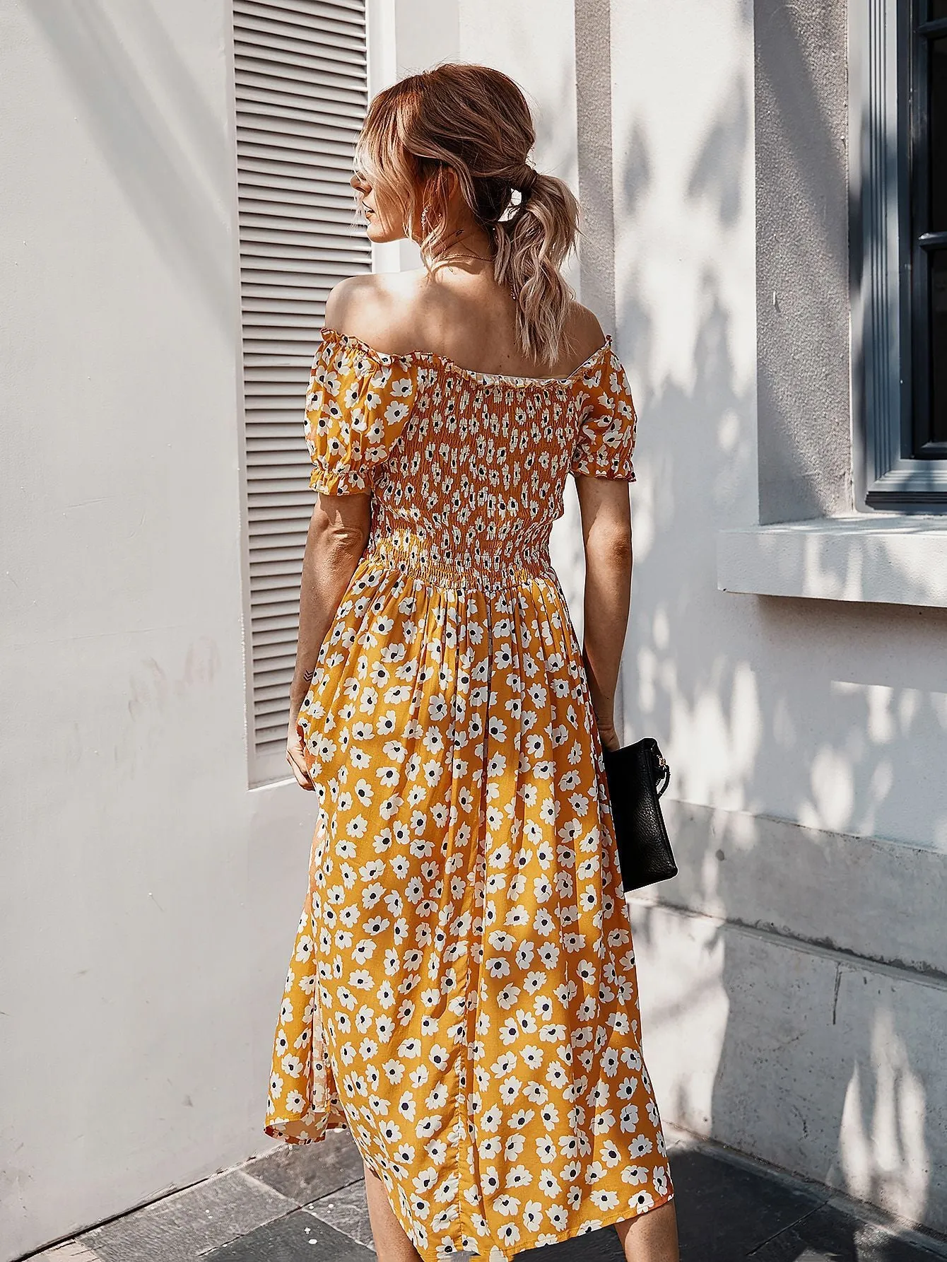 Floral Off Shoulder Split Swing Midi Dress