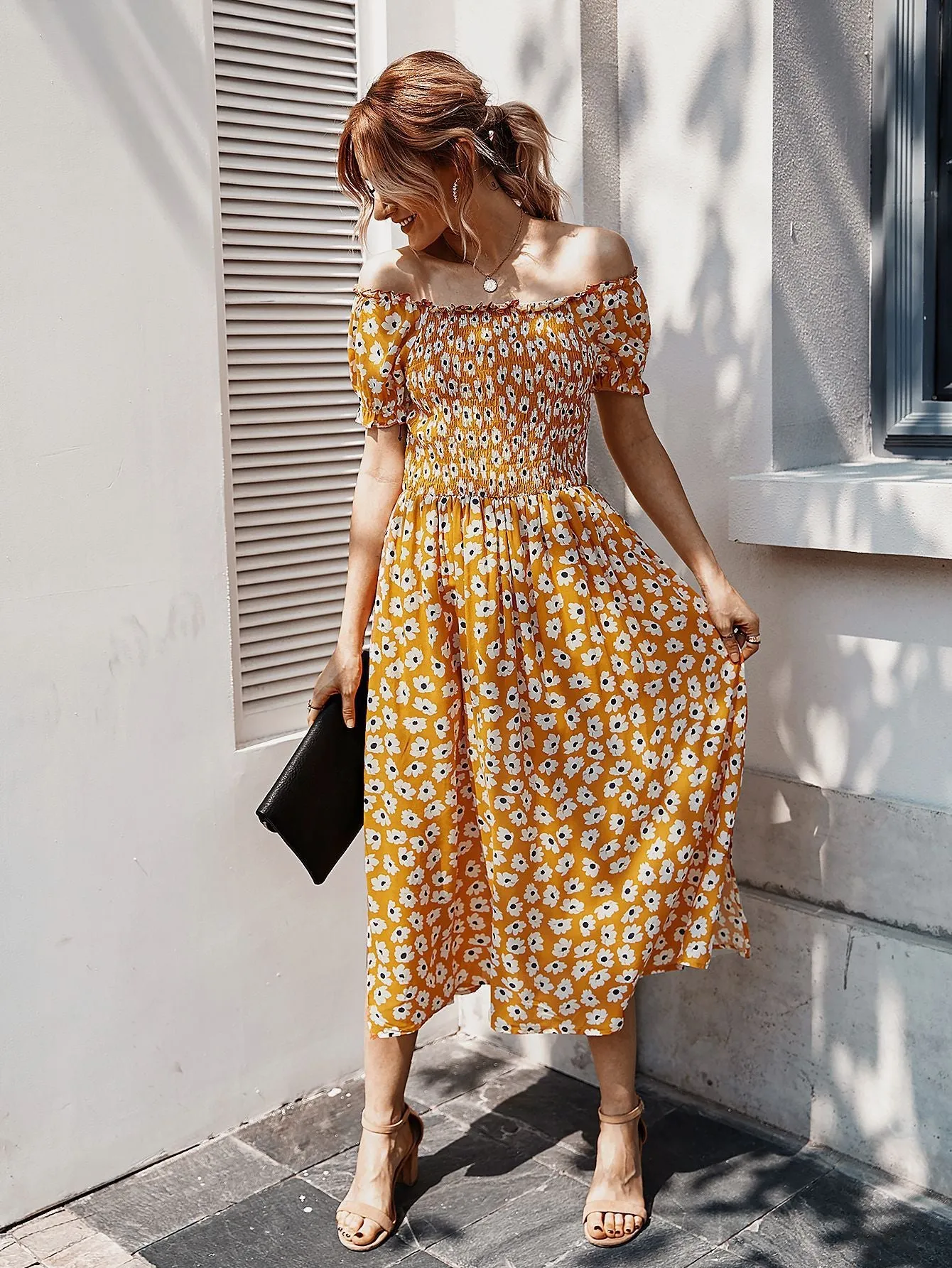 Floral Off Shoulder Split Swing Midi Dress