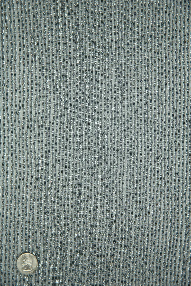 Gray Silver Sequins & Beads on Silk Chiffon Fabric