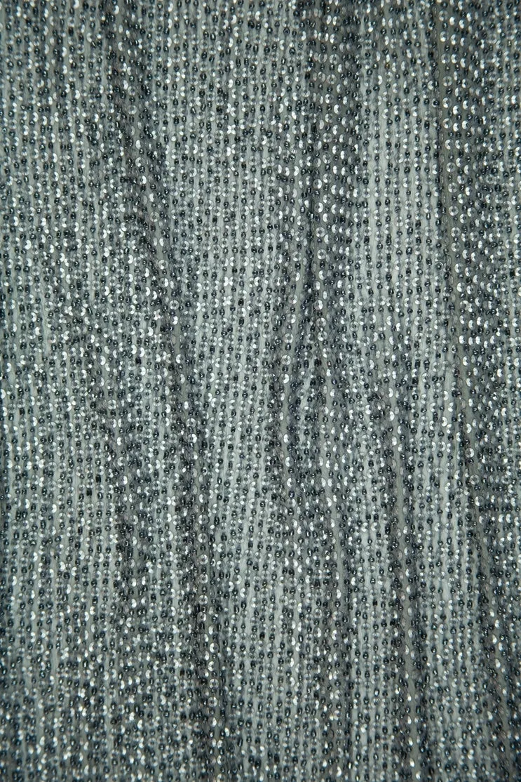 Gray Silver Sequins & Beads on Silk Chiffon Fabric
