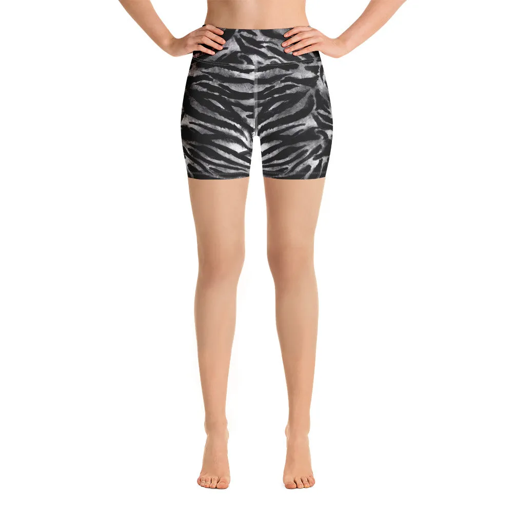Grey Tiger Striped Yoga Shorts, Animal Print Women's Short Fitness Tights-Made in USA/EU