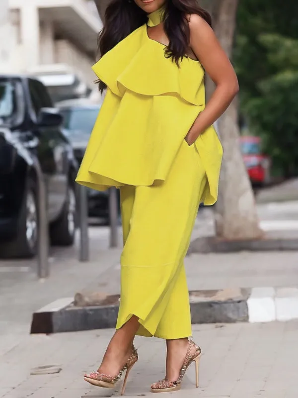 High Waisted Loose Pockets Solid Color Pants Trousers