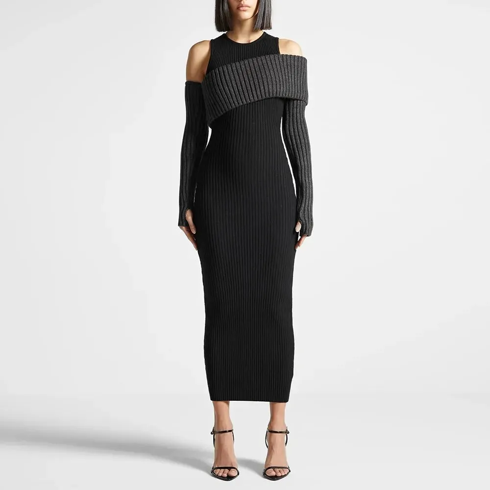 Hit Color Casual Knitting Dresses For Women Round Neck Long Sleeve High Waist Off Shoulder Temperament Dress Female Fashion