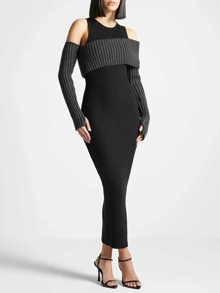 Hit Color Casual Knitting Dresses For Women Round Neck Long Sleeve High Waist Off Shoulder Temperament Dress Female Fashion