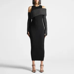 Hit Color Casual Knitting Dresses For Women Round Neck Long Sleeve High Waist Off Shoulder Temperament Dress Female Fashion
