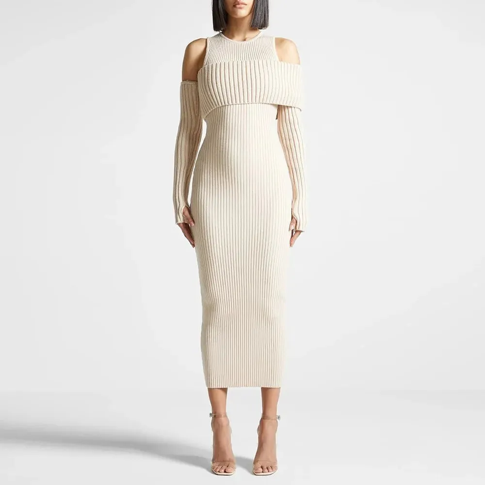 Hit Color Casual Knitting Dresses For Women Round Neck Long Sleeve High Waist Off Shoulder Temperament Dress Female Fashion