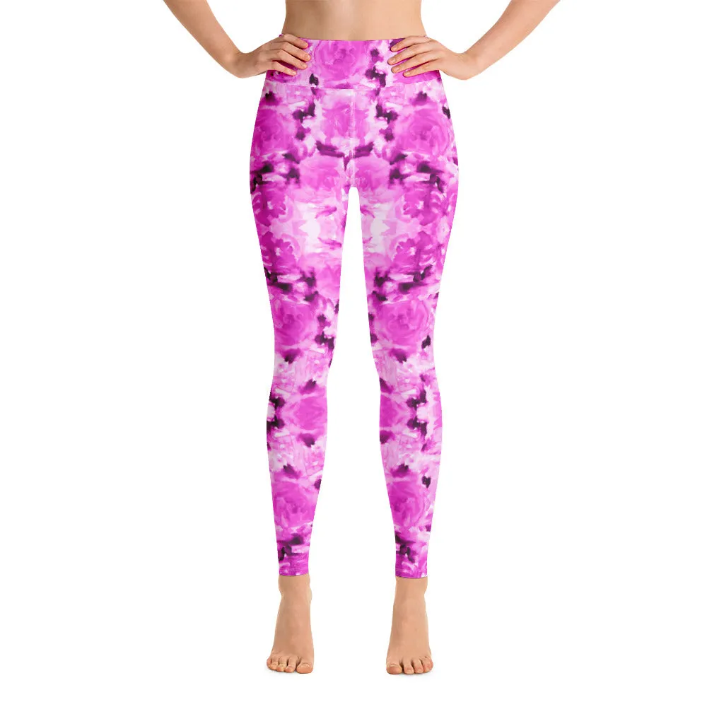 Hot Pink Floral Yoga Leggings, Best Rose Flower Print Athletic Long Tights-Made in USA/EU/MX