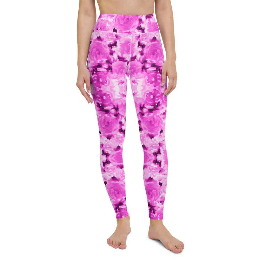 Hot Pink Floral Yoga Leggings, Best Rose Flower Print Athletic Long Tights-Made in USA/EU/MX