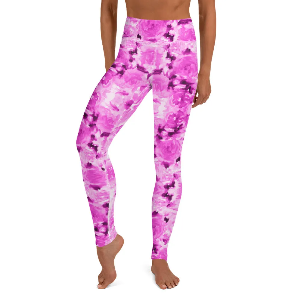 Hot Pink Floral Yoga Leggings, Best Rose Flower Print Athletic Long Tights-Made in USA/EU/MX