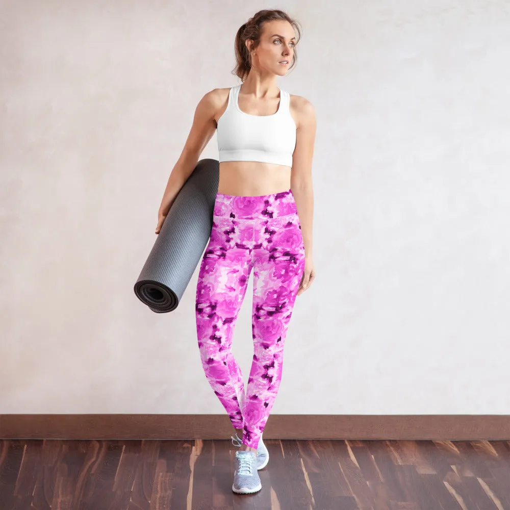 Hot Pink Floral Yoga Leggings, Best Rose Flower Print Athletic Long Tights-Made in USA/EU/MX
