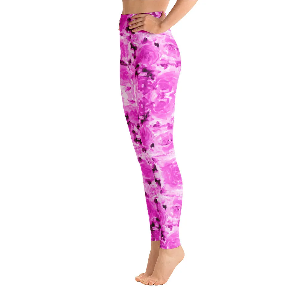 Hot Pink Floral Yoga Leggings, Best Rose Flower Print Athletic Long Tights-Made in USA/EU/MX