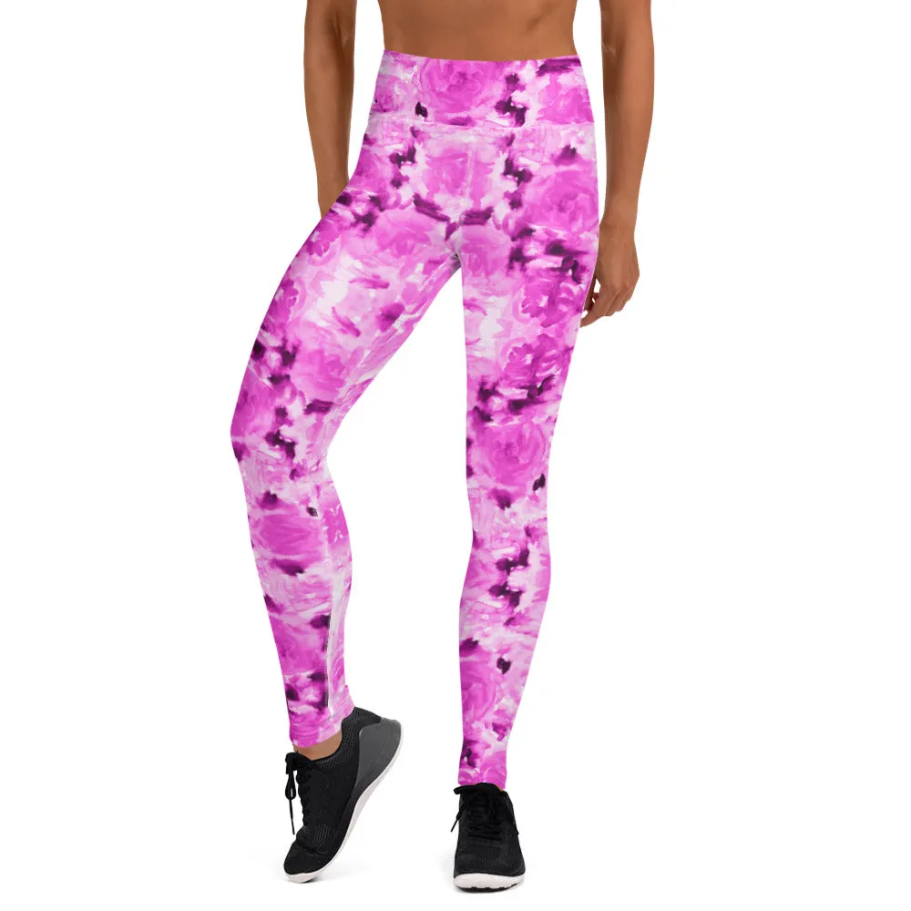 Hot Pink Floral Yoga Leggings, Best Rose Flower Print Athletic Long Tights-Made in USA/EU/MX