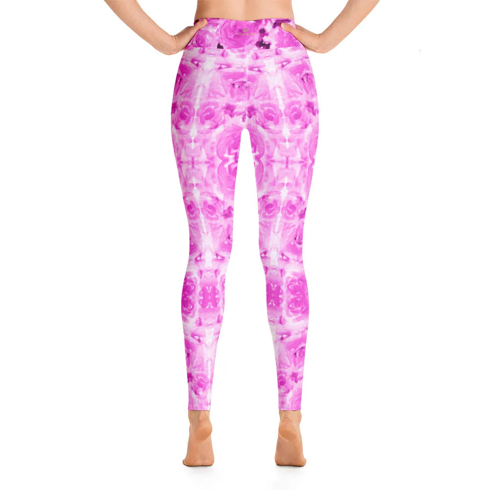 Hot Pink Floral Yoga Leggings, Best Rose Flower Print Athletic Long Tights-Made in USA/EU/MX
